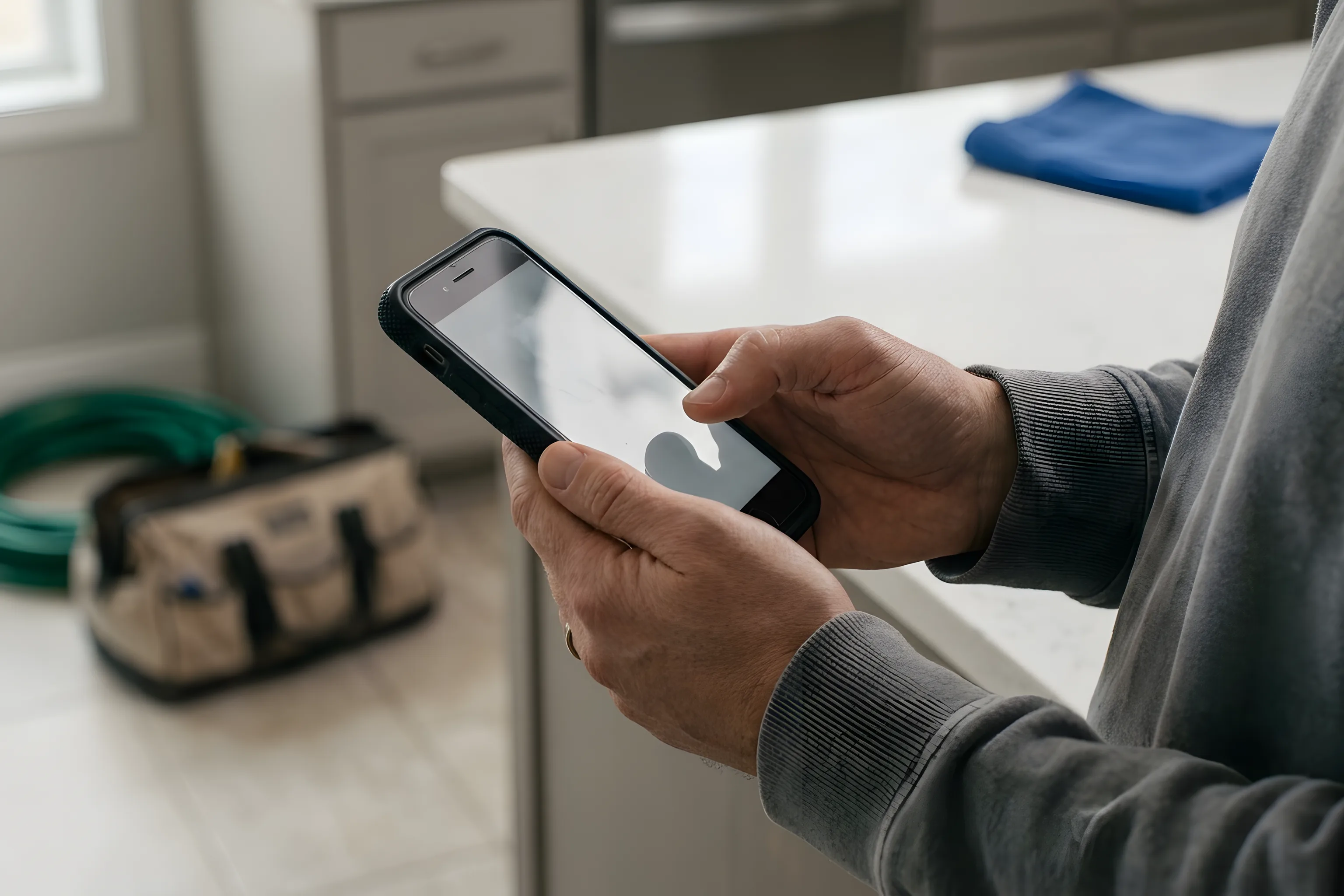 A customer paying on their own phone in their kitchen after a job