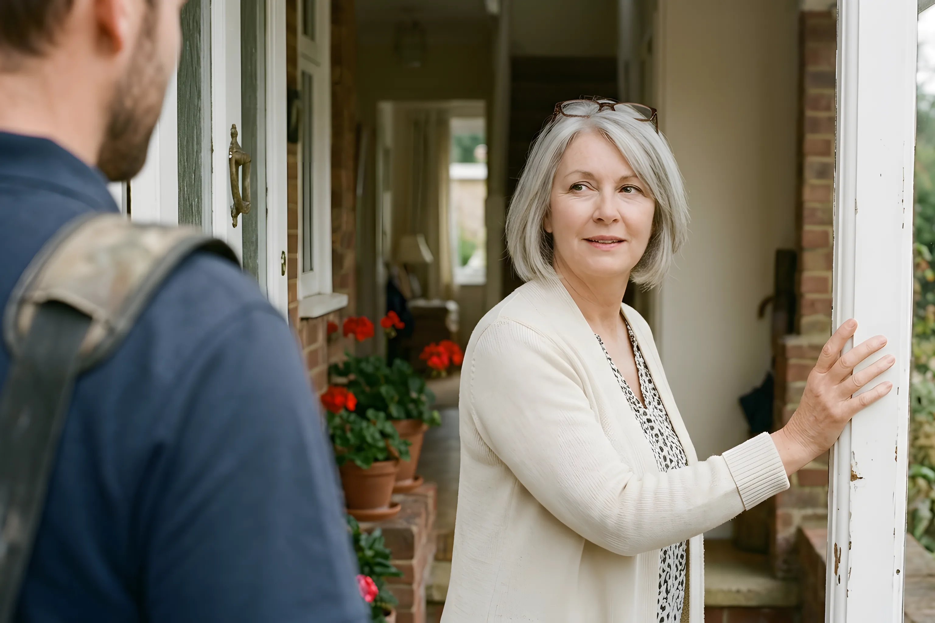 A homeowner in her doorway reacting to finished work