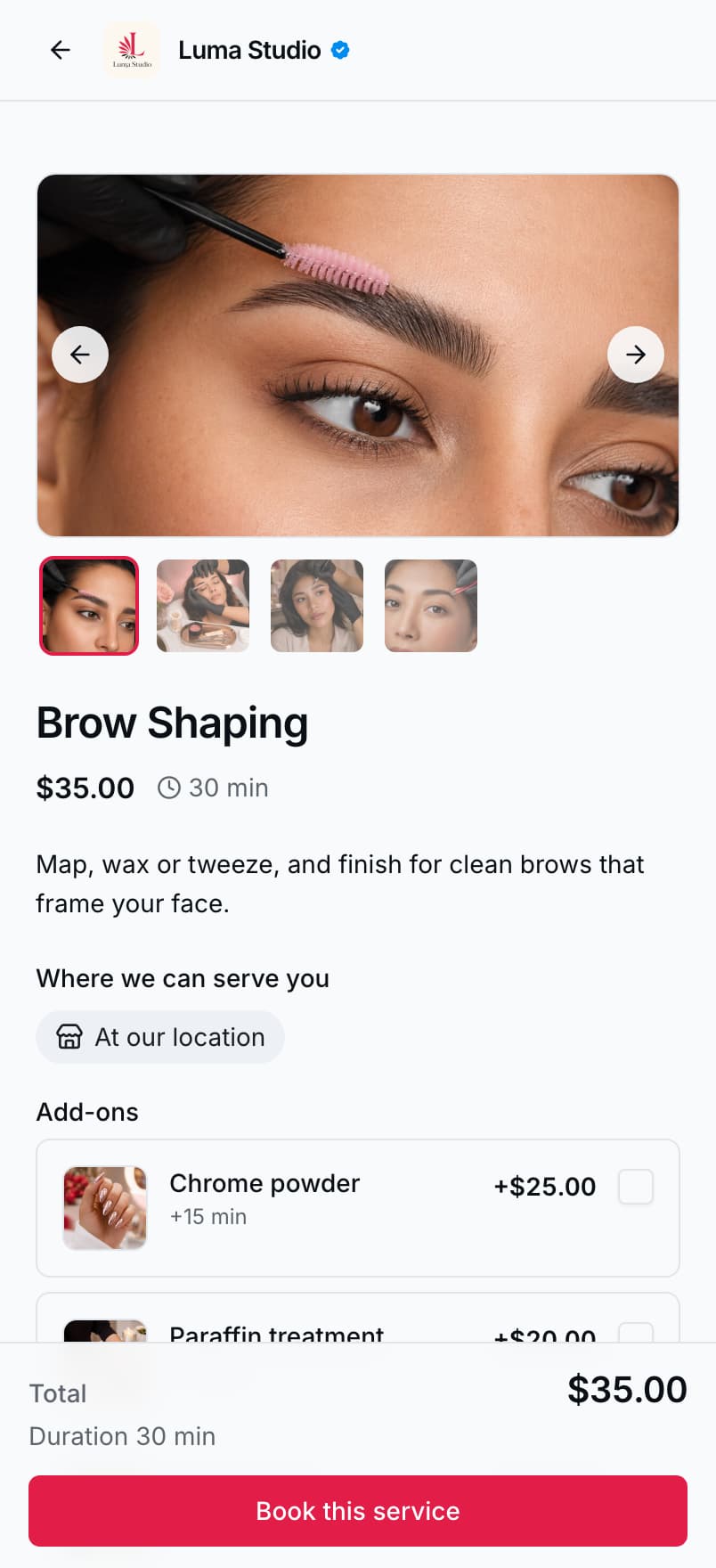 A Luma Studio service page on a phone: photo, price, duration, and the Book this service button